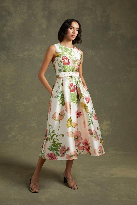 Oasis Floral Printed Satin Twill Belted Midi Dress 1