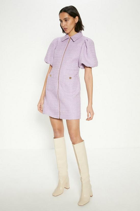 Oasis Petite Tweed Puff Sleeve Zip Through Mini Dress 1