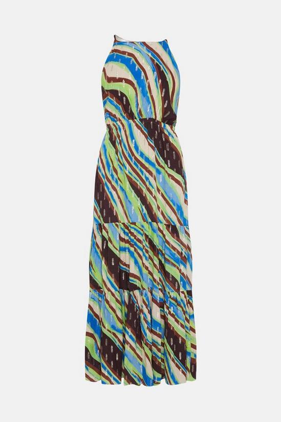 Oasis Abstract Metallic Stripe Halter Tiered Midi Dress 4