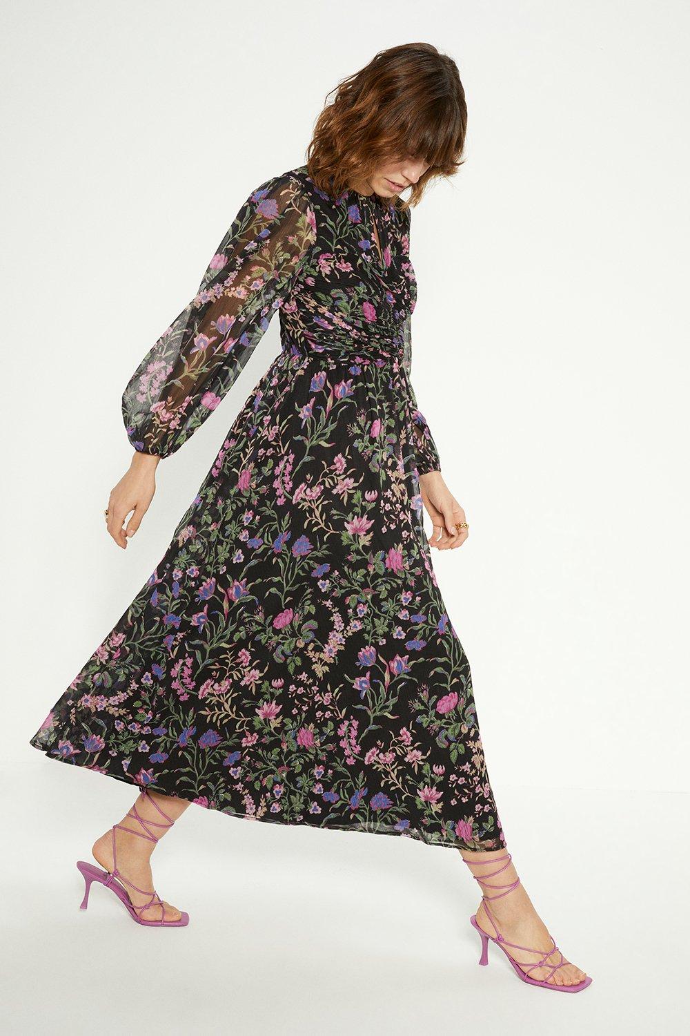 Dresses Floral Ruched Keyhole Chiffon Midi Dress Oasis