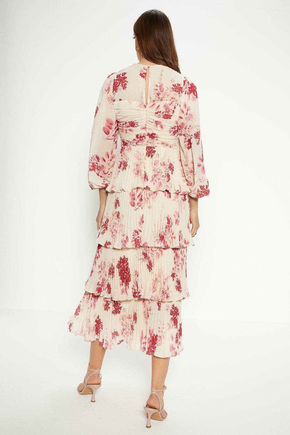 Dresses Ruched Pleated Tiered Floral Midi Dress Oasis