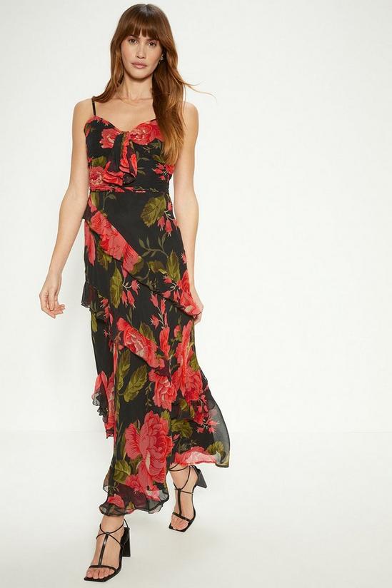 Oasis Floral Asymmetric Ruffle Tiered Strappy Midi Dress 1