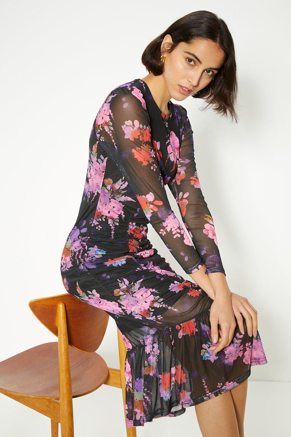 Floral printed Gauged front midi dress