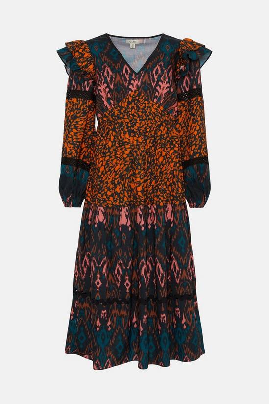 Oasis Patched Animal Aztec Ruffle Trim Detailed Midi Dress 5