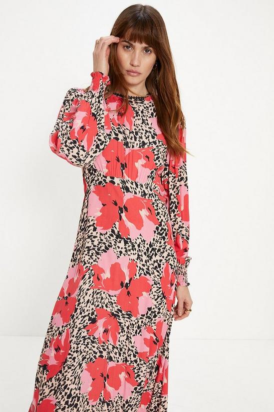 Oasis Animal Floral Trim Detail Shirred Cuff Midi Dress 1