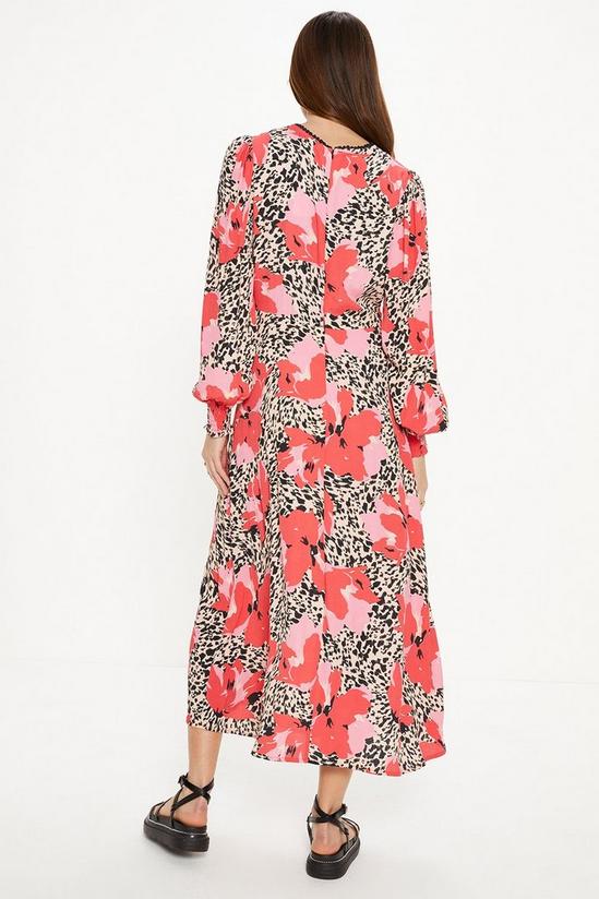 Oasis Animal Floral Trim Detail Shirred Cuff Midi Dress 3