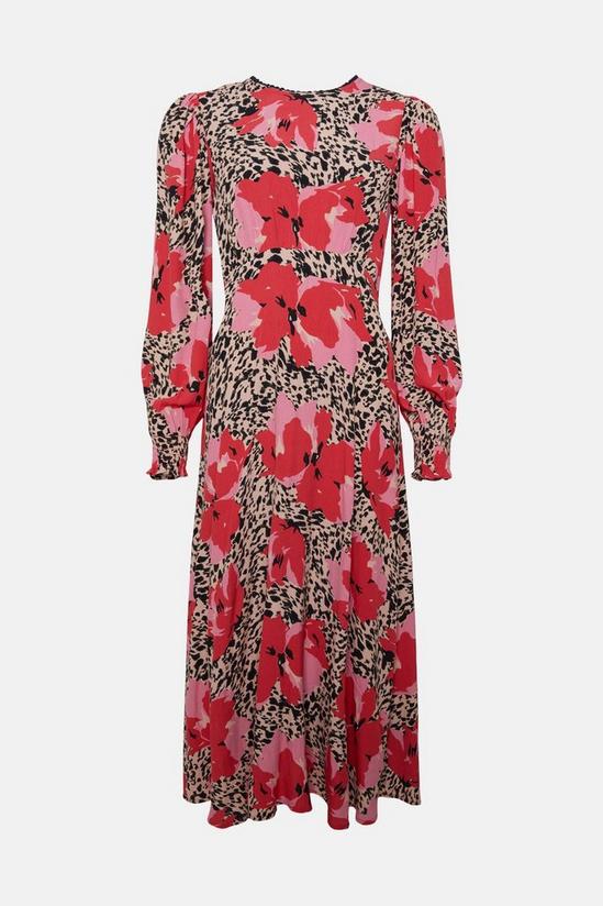 Oasis Animal Floral Trim Detail Shirred Cuff Midi Dress 4