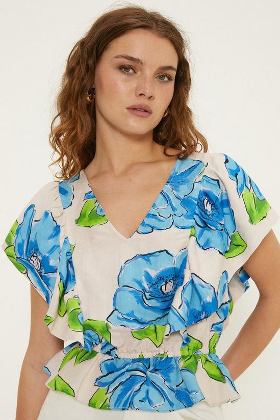 Oasis Linen Mix Ruffle Sleeve Floral Print V Neck Top 1