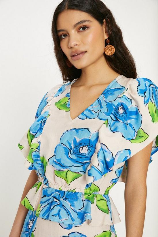 Oasis Linen Mix Ruffle Sleeve Floral Print V Neck Top 4
