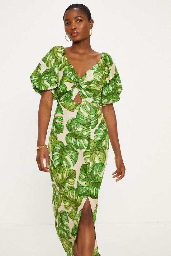 Dresses, Linen Mix Palm Print Twist Front Midi Dress