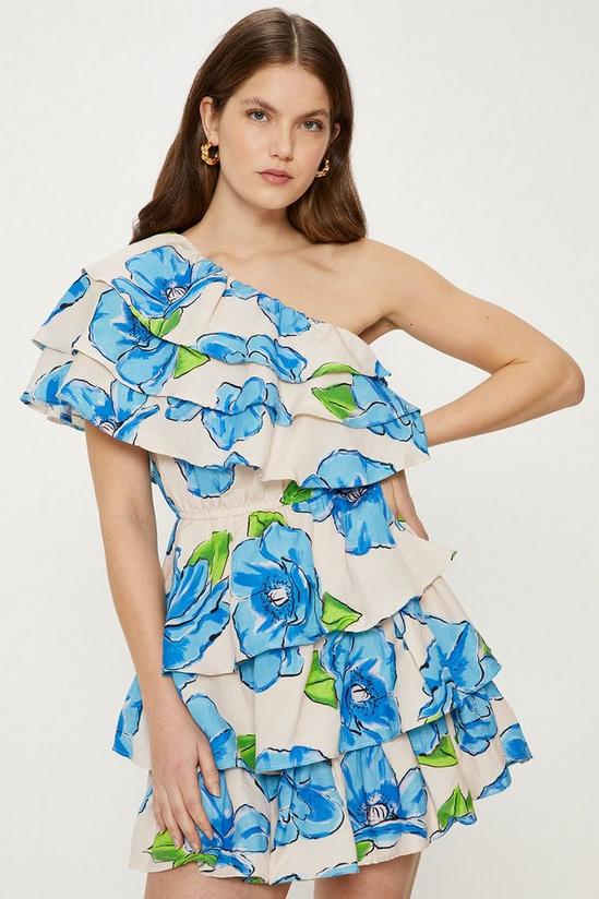 Oasis Linen Mix One Shoulder Ruffle Tiered Floral Mini Dress 1