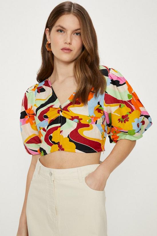 Oasis Linen Mix Puff Sleeve Twist Front Floral Top 1