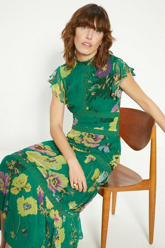Oasis Lace Trim High Neck Chiffon Floral Midi Dress 2