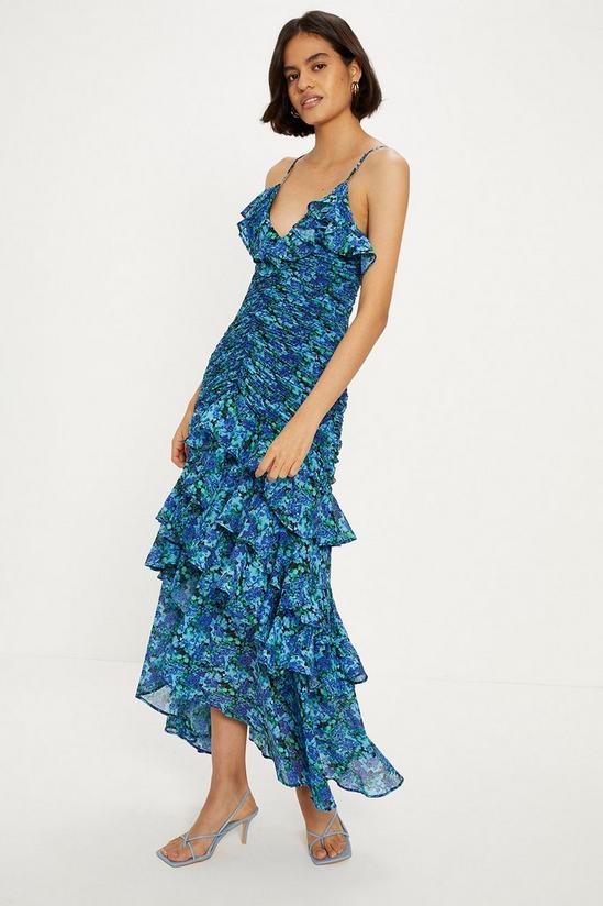 Oasis Ditsy Floral Ruched Ruffle Dip Hem Midi Dress 1