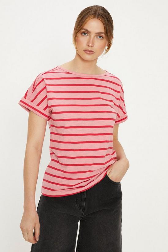 Oasis Essential Cotton Tonal Stripe Roll Sleeve Slub T-shirt 2