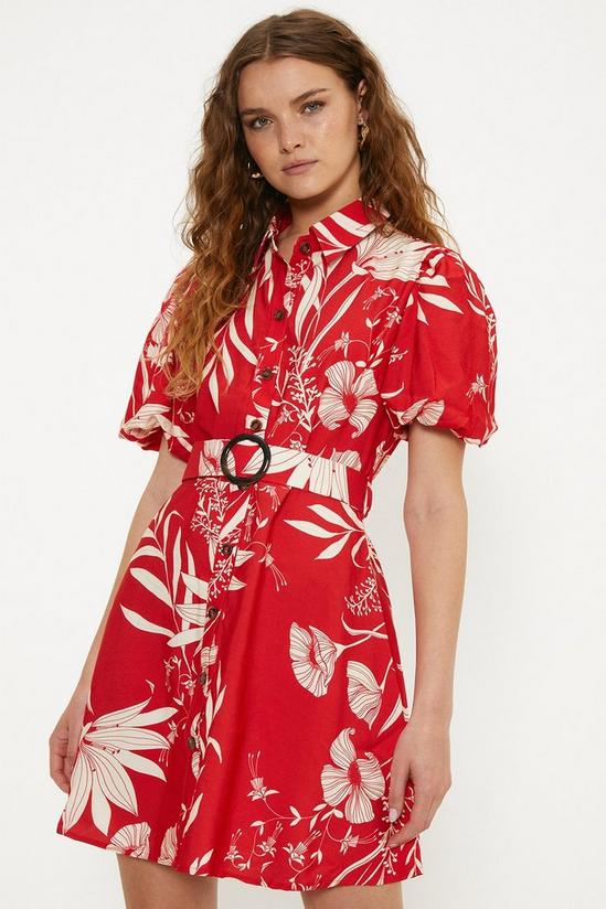 Oasis Linen Look Floral Print Puff Sleeve Shirt Dress 1