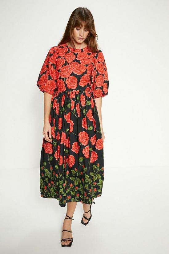 Oasis Petite Rose Placement Puff Sleeve Midi Dress 2