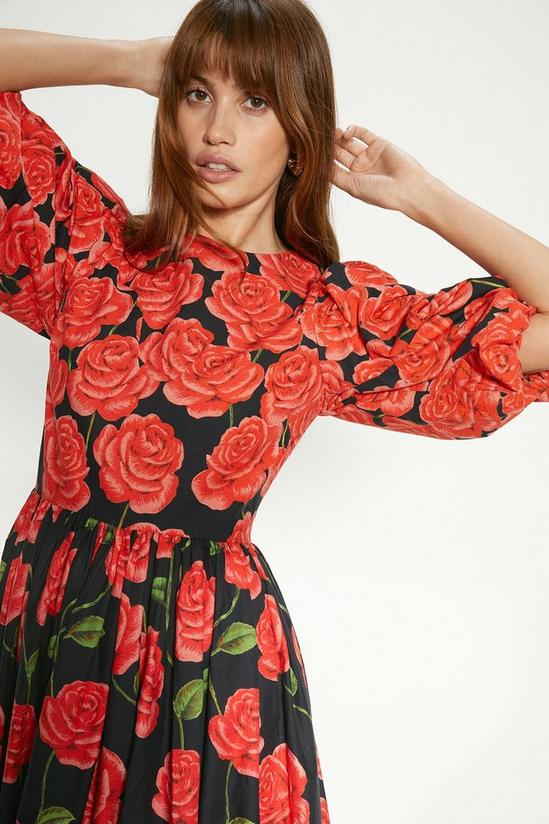 Oasis Rose Placement Puff Sleeve Midi Dress 1