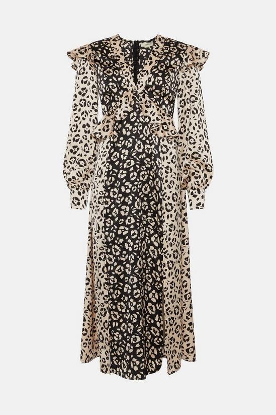 Oasis Patched Animal Satin Ruffle Shoulder Midi Dress 4