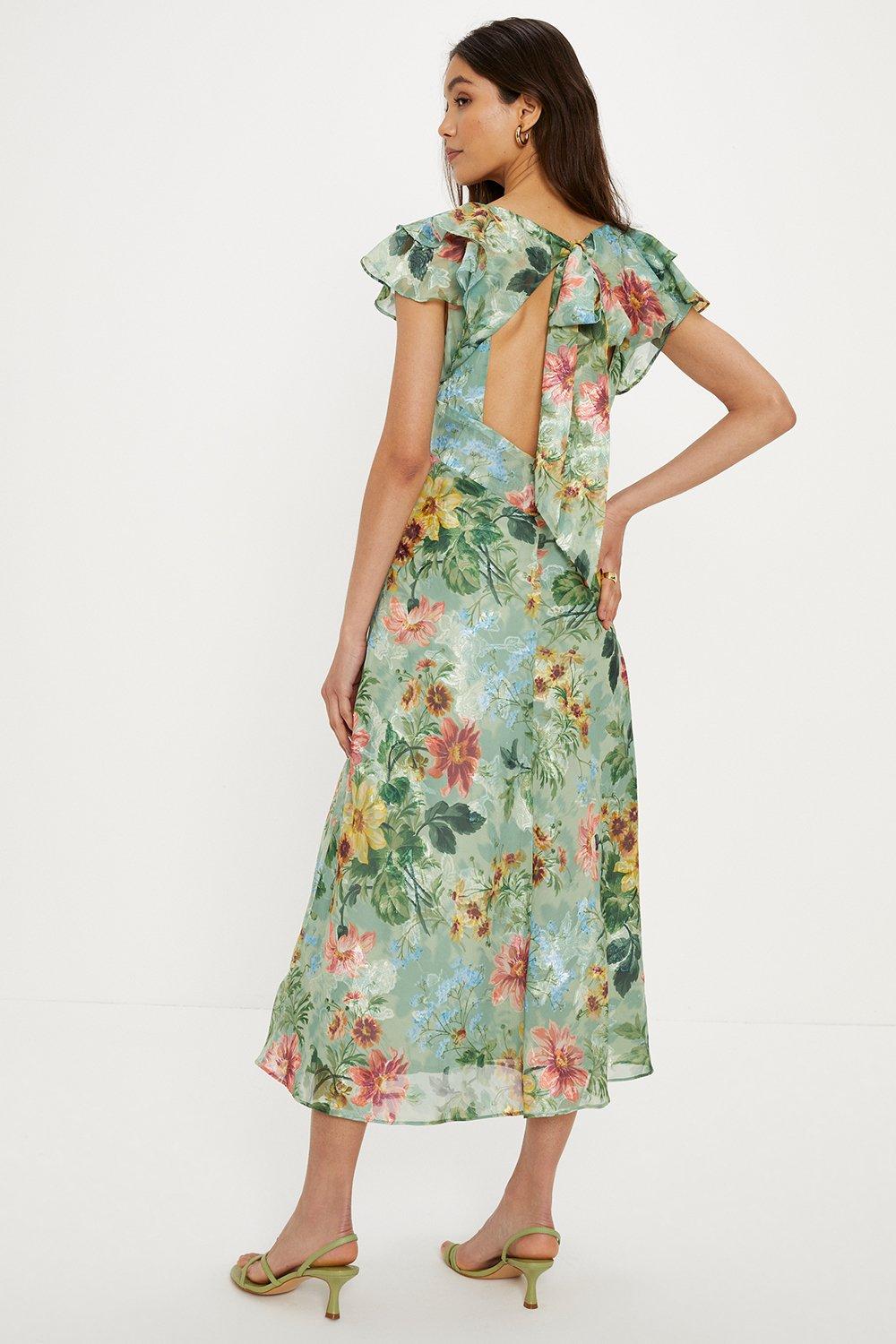 Dresses Soft Floral Satin Burnout Ruffle Midi Dress Oasis