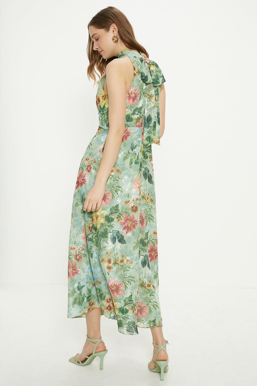 Dresses | Soft Floral Satin Burnout Halter Midi Dress | Oasis