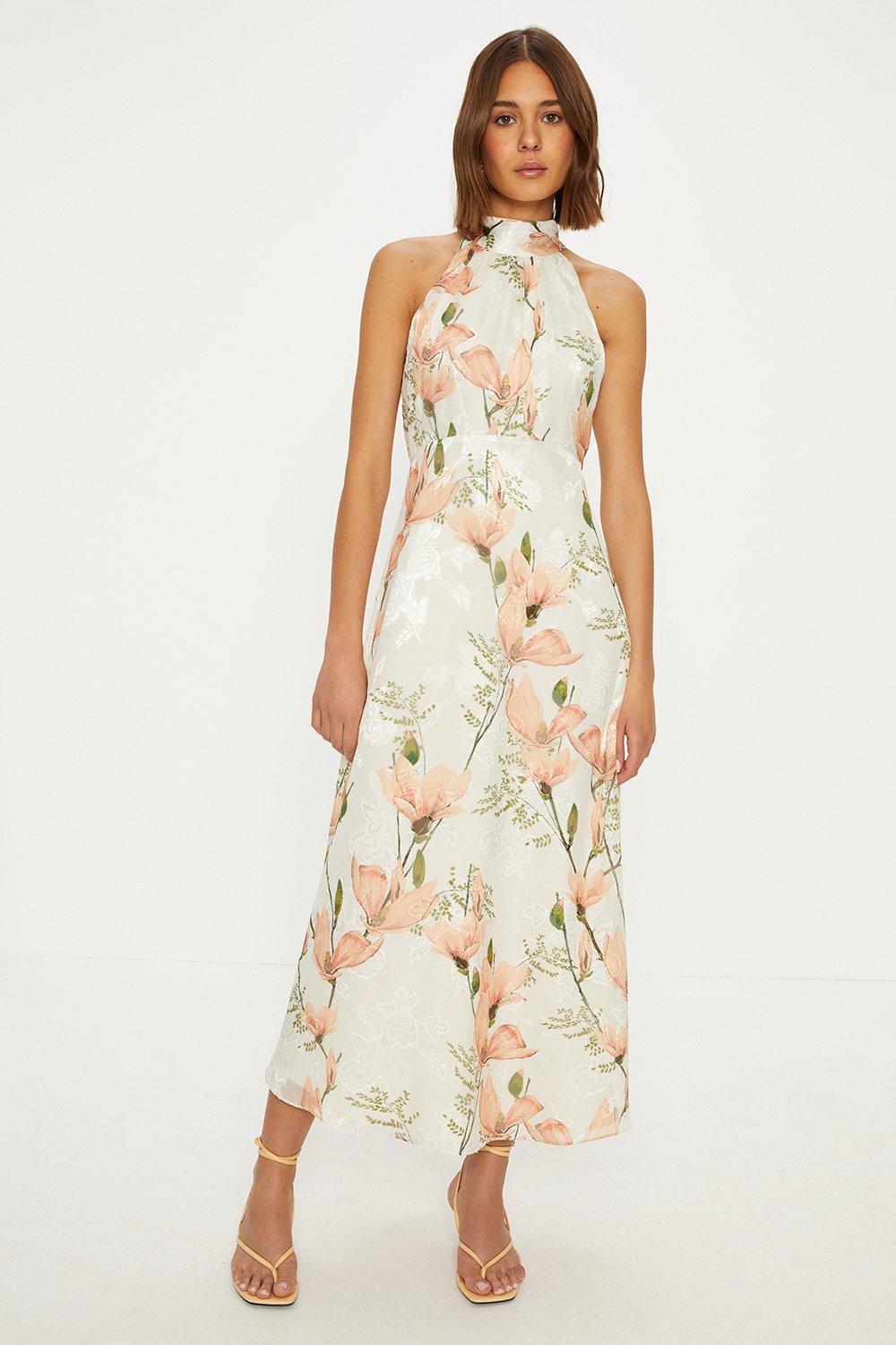 Dresses, Magnolia Floral Satin Burnout Halter Midi Dress