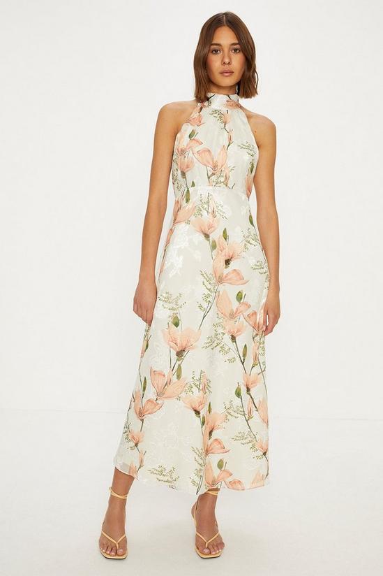 Oasis Magnolia Floral Satin Burnout Halter Midi Dress 1
