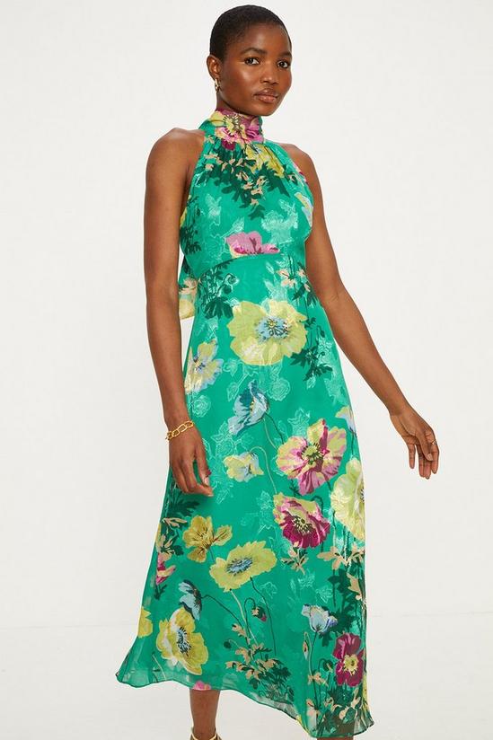 Oasis Bright Floral Satin Burnout Halter Midi Dress 1