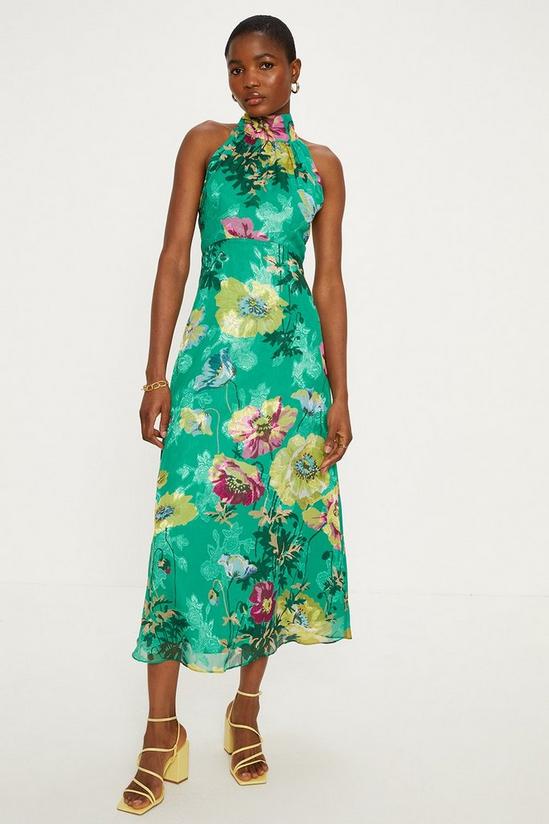 Oasis Bright Floral Satin Burnout Halter Midi Dress 2