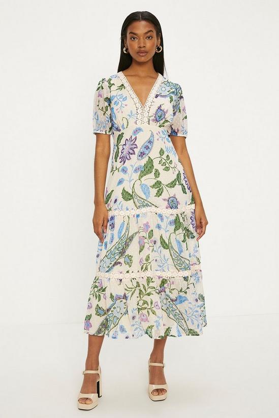Oasis Petite Lace Trim Dobby Chiffon Floral Print Midi Dress 1