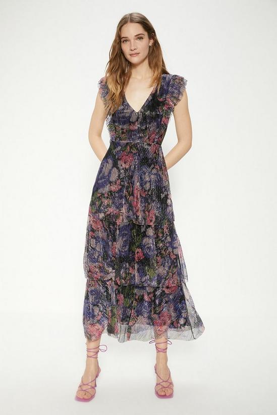 Oasis Glitter plisse floral frill sleeve detail tiered midi dress 1