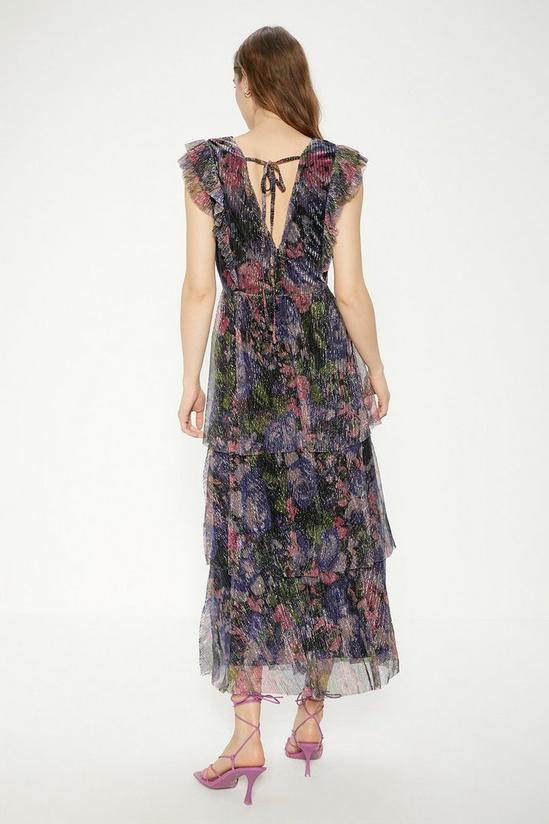 Oasis Glitter plisse floral frill sleeve detail tiered midi dress 3