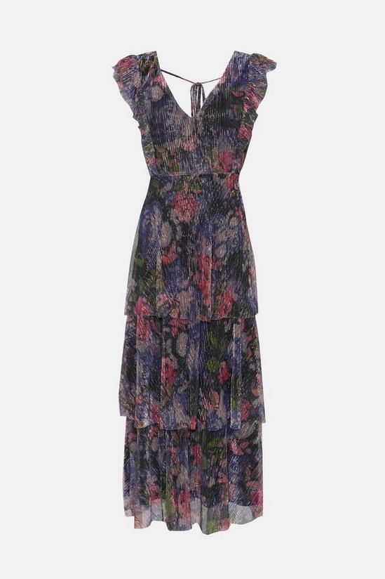 Oasis Glitter plisse floral frill sleeve detail tiered midi dress 4