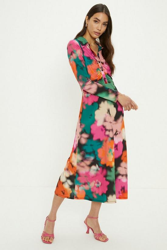 Oasis Blurred Floral Ruched Front Midi Shirt Dress 1