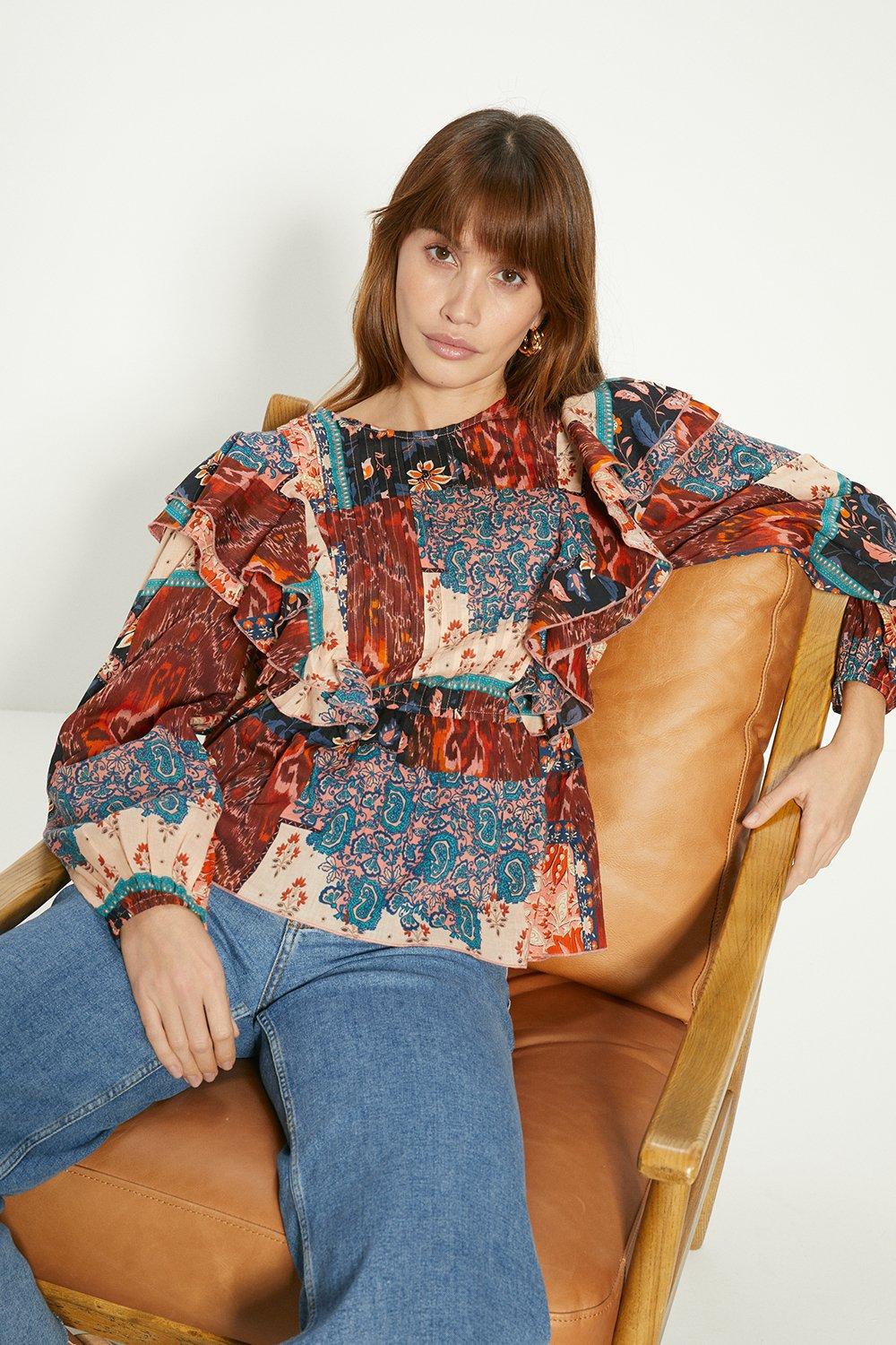 Patched Paisley Pintuck Ruffle Blouse