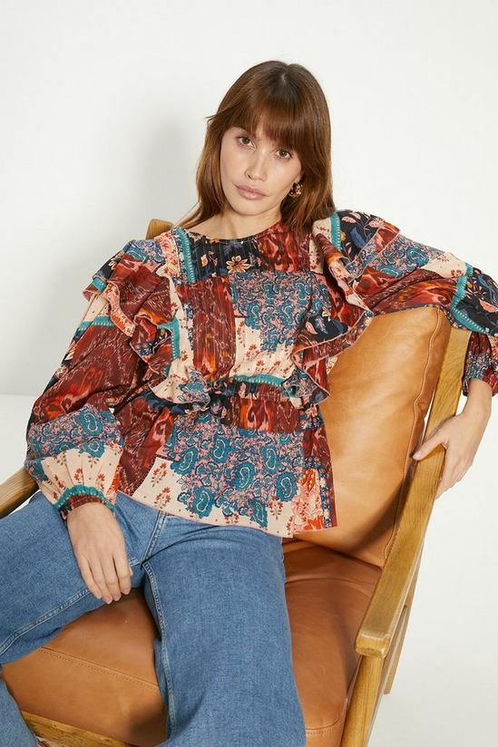 Oasis Patched Paisley Pintuck Ruffle Blouse 1