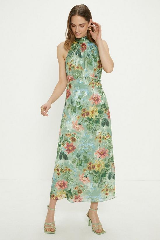 Oasis Petite Soft Floral Satin Burnout Halter Midi Dress 1
