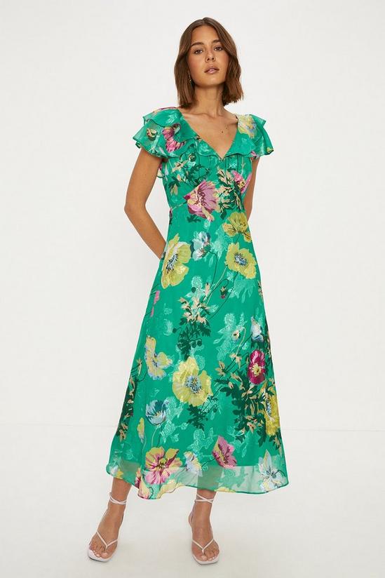 Oasis Petite Bright Floral Satin Burnout Ruffle Midi Dress 1