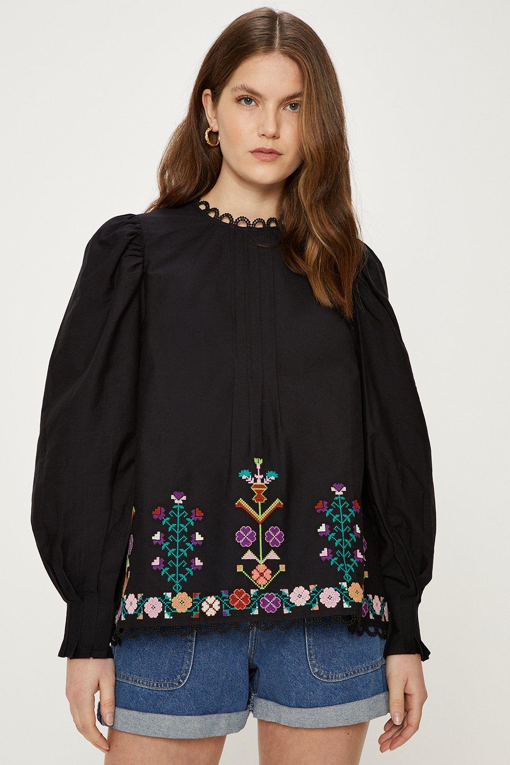 Cotton Poplin Embroidered Blouse
