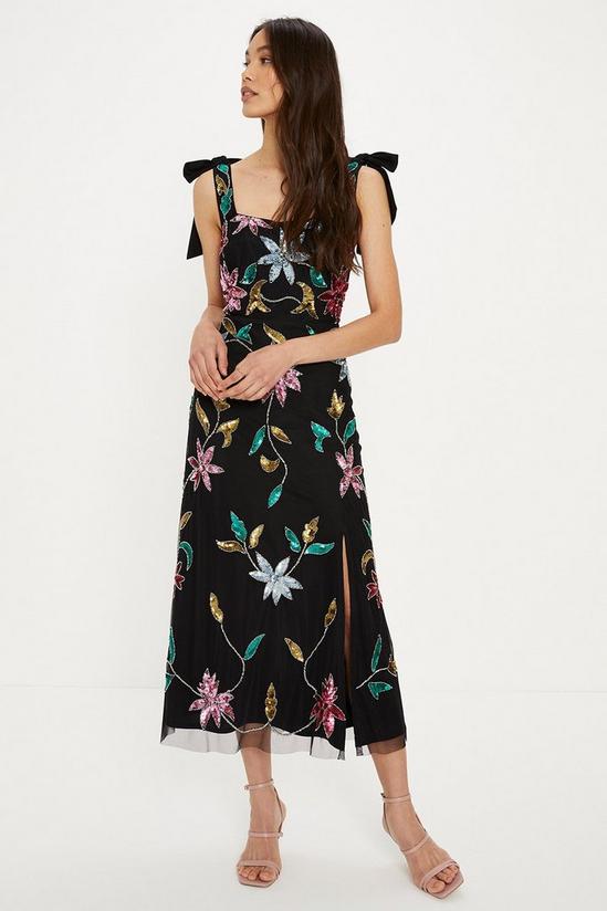 Oasis Hand Embellished Large Floral Bow Shoulder Midi Dress 1