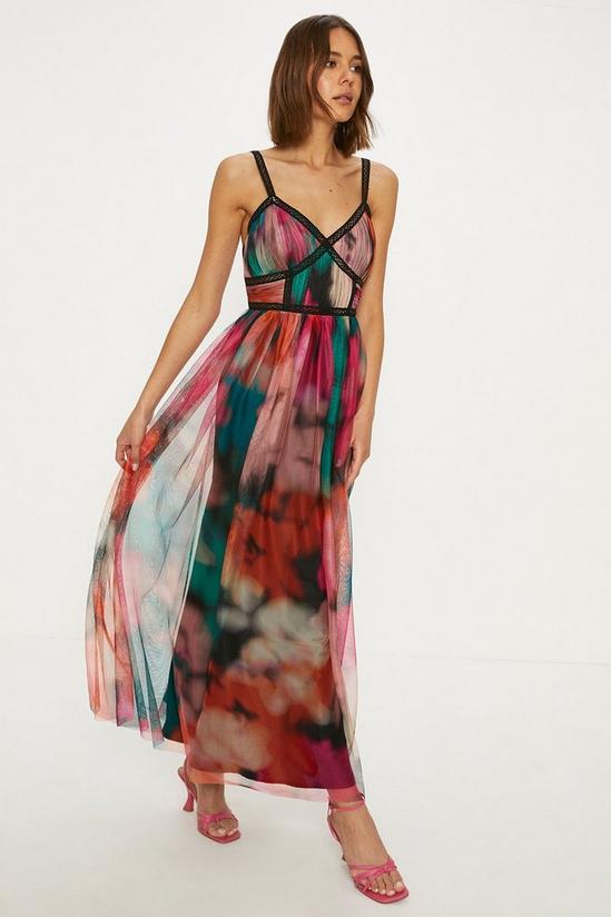 Oasis Bright Abstract Strappy Lace Trim Tulle Midi Dress 1