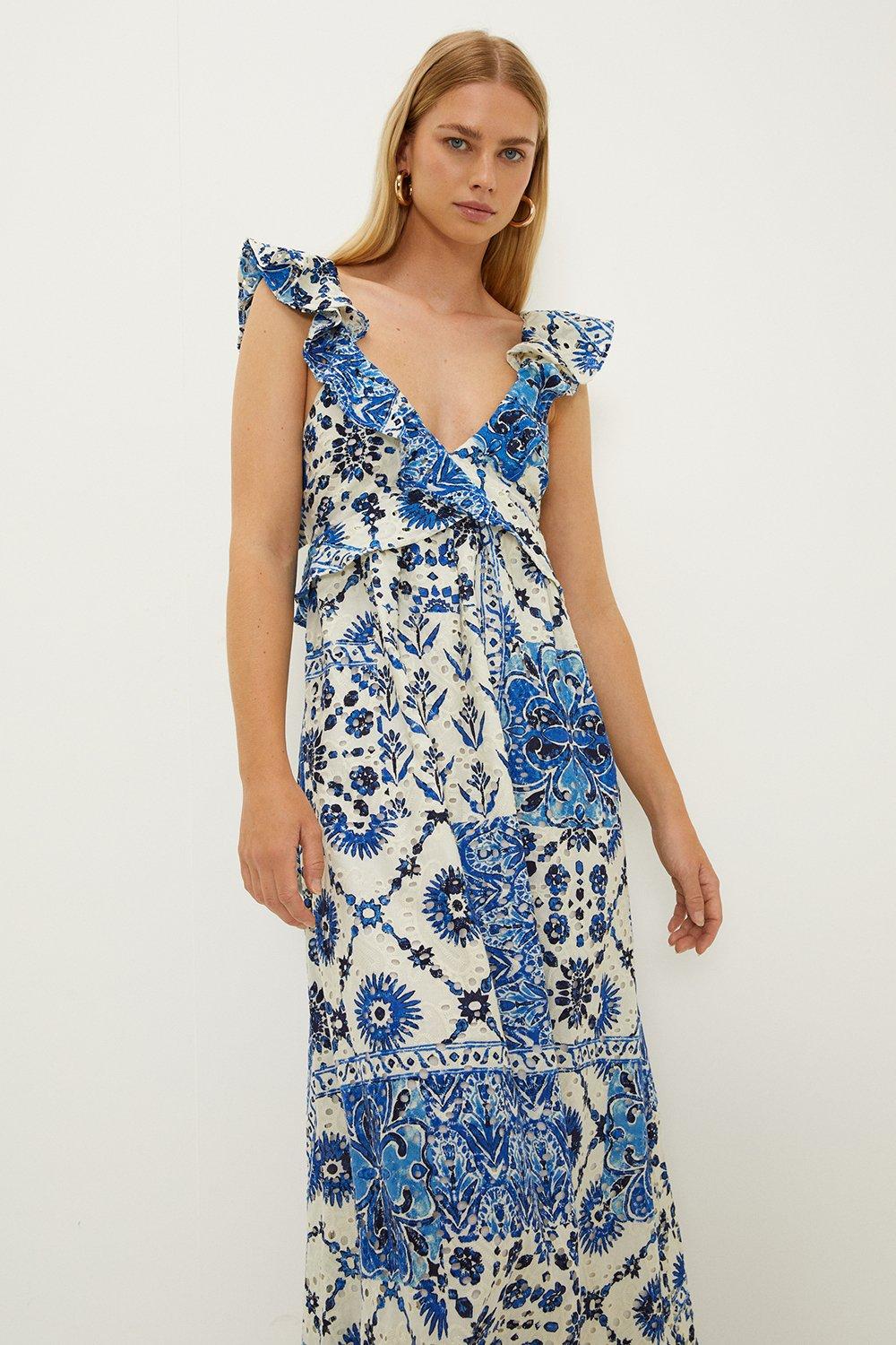 Ruffle Strap Tie Back Printed Broderie Dress