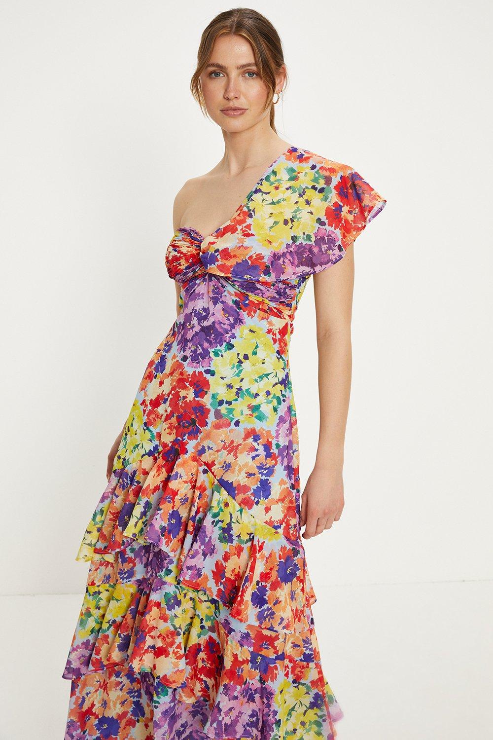 Patched Floral Asymmetric Ruffle Midi Dress