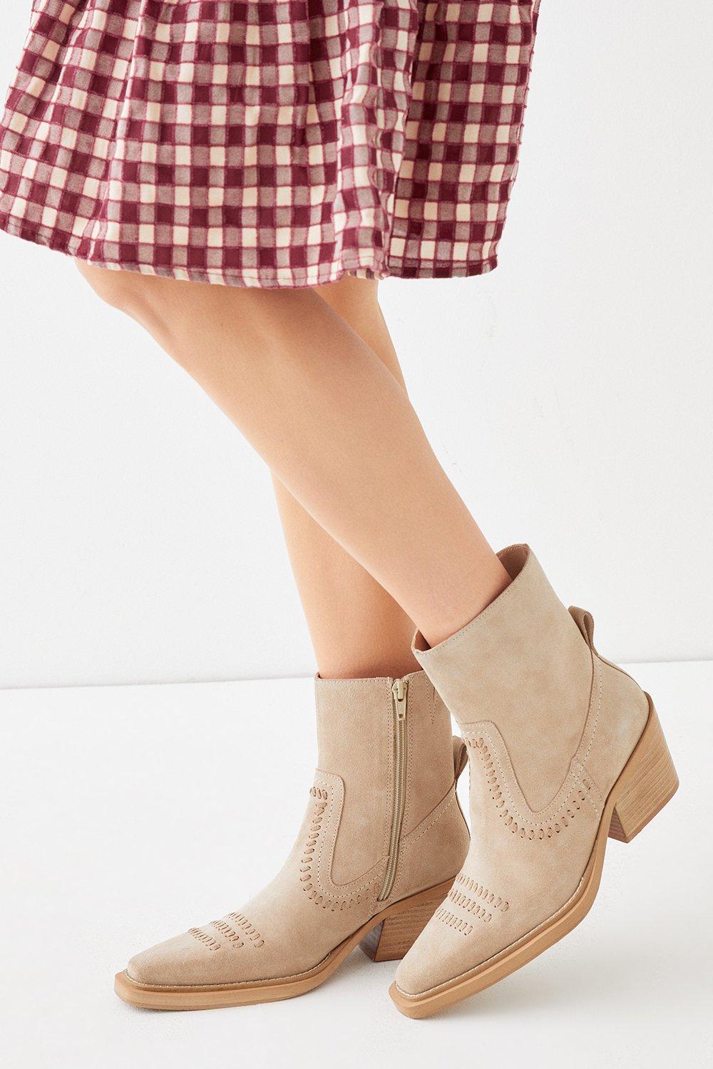 Real Suede Whipstitch Detail Western Ankle Boot
