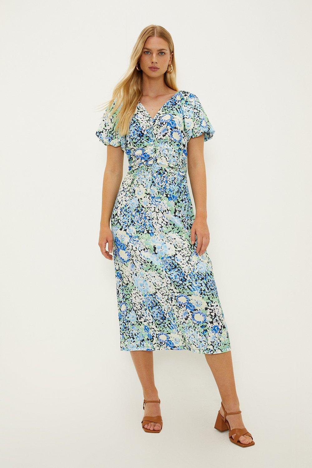 Ditsy Floral Crinkle Gauged Front Midi Dress