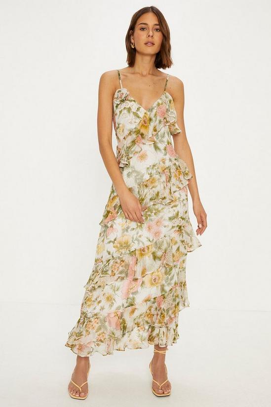 Oasis Soft Floral Asymmetric Ruffle Strappy Midi Dress 1