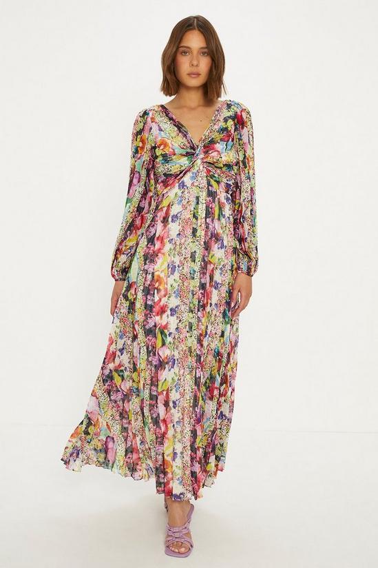 Oasis Stripe Floral Pleated Metallic Twist Midi Dress 1