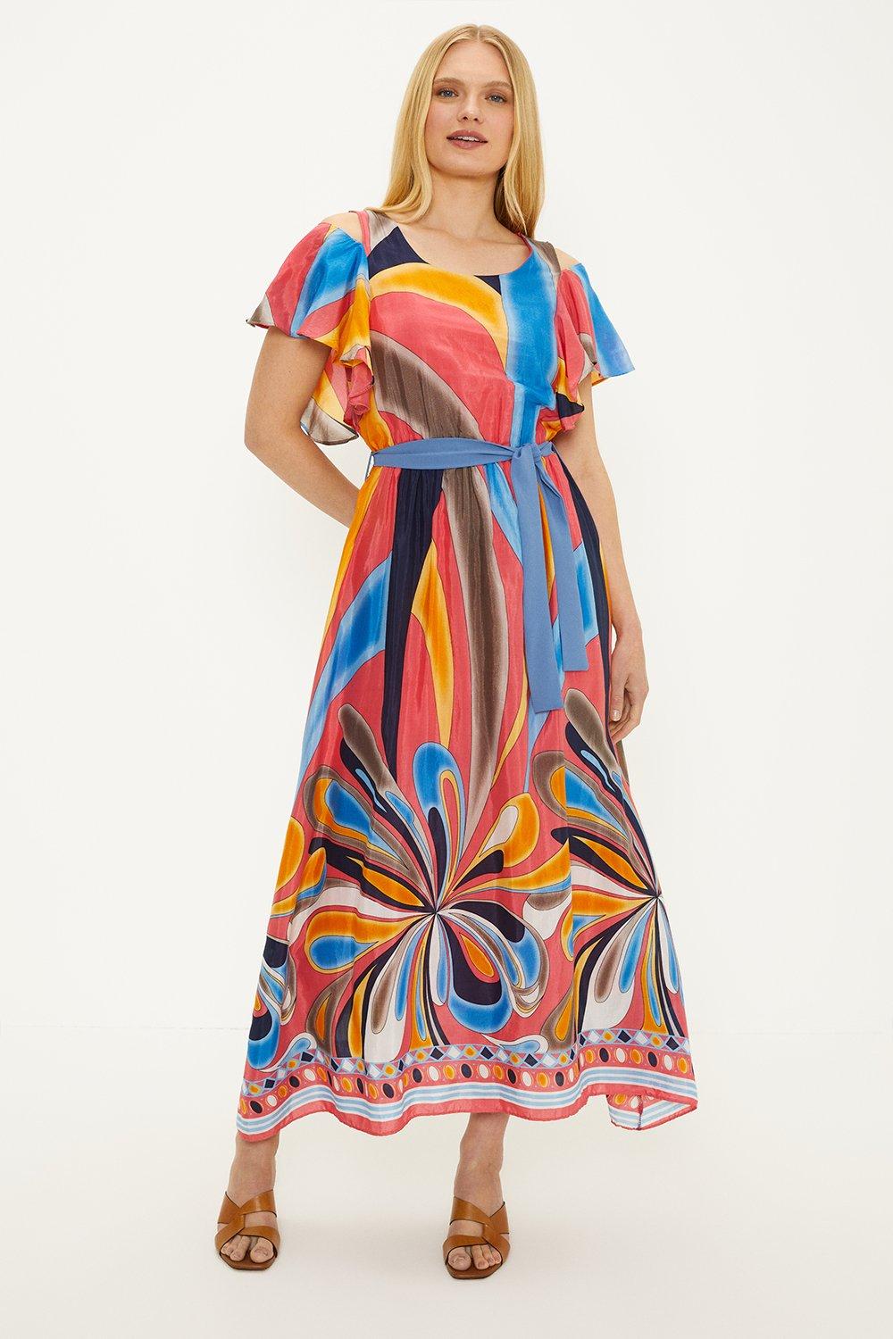 Abstract Print Belted Belted Midi Dress