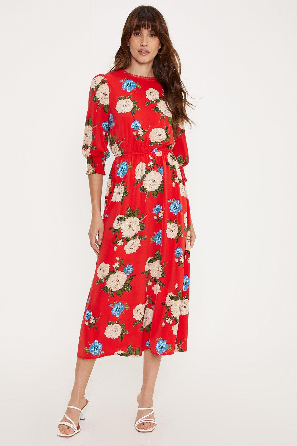 Dresses | Petite Red Floral Lace Trim Detail Midi Dress | Oasis