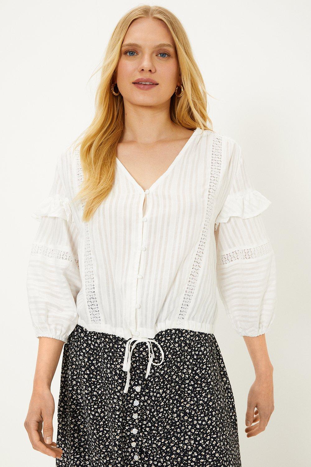 Lace Trim Insert Frill Button Through Blouse